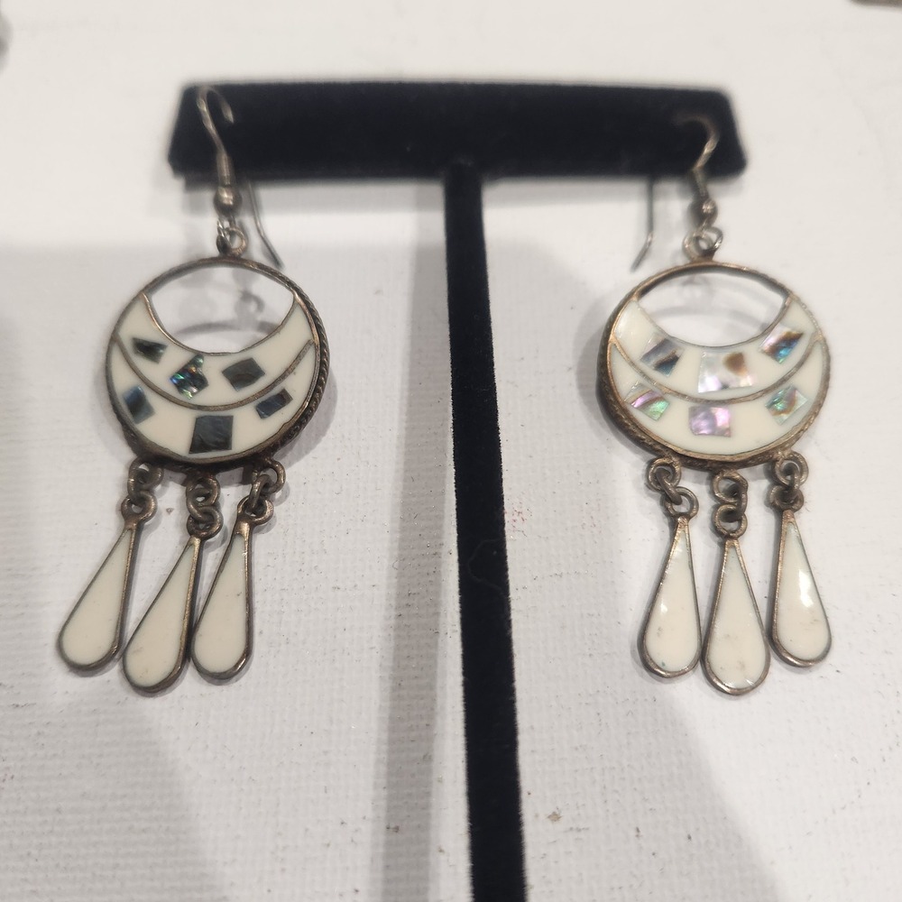 Vintage Dangle‎ Hook Earrings Alpaca Mexico Crescent Moon Abalone Shell Inlay